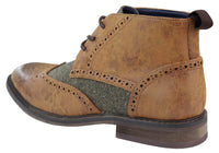 Botas de cano curto masculinas em couro e tweed com cadarço