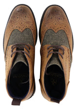 Botas de cano curto masculinas em couro e tweed com cadarço