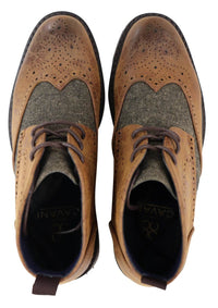 Botas de cano curto masculinas em couro e tweed com cadarço