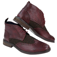 Botas de cano curto masculinas em couro e tweed com cadarço