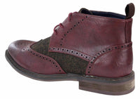 Botas de cano curto masculinas em couro e tweed com cadarço