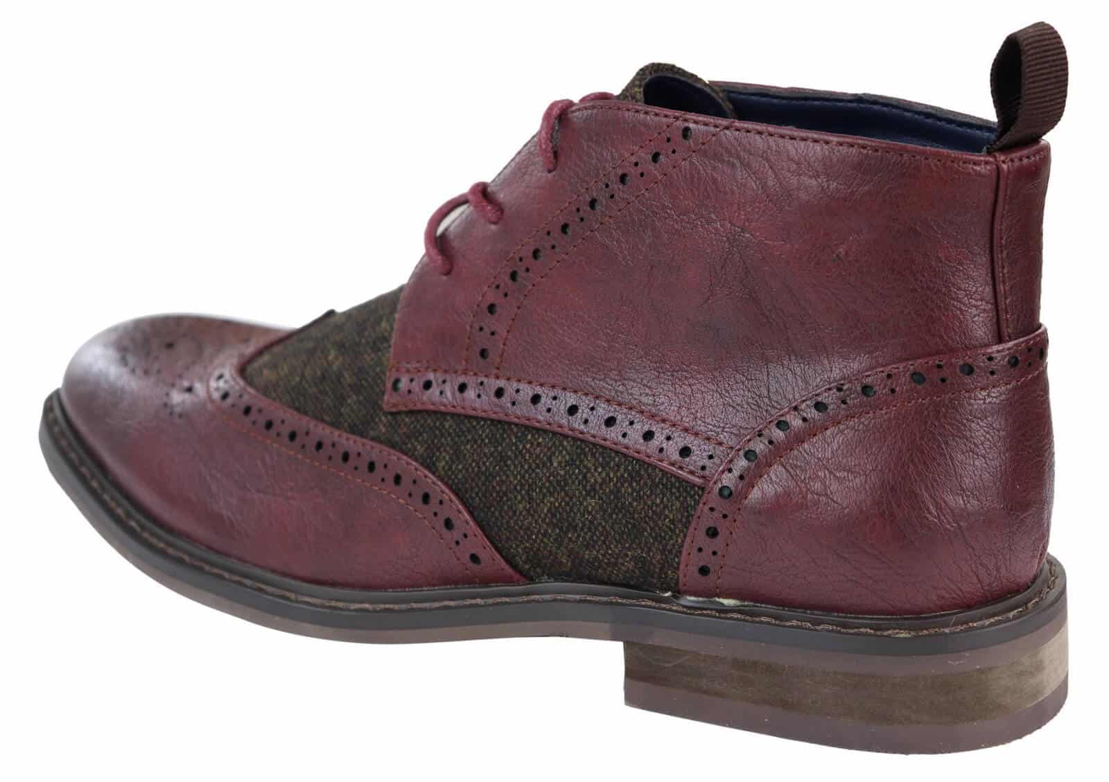 Botas de cano curto masculinas em couro e tweed com cadarço