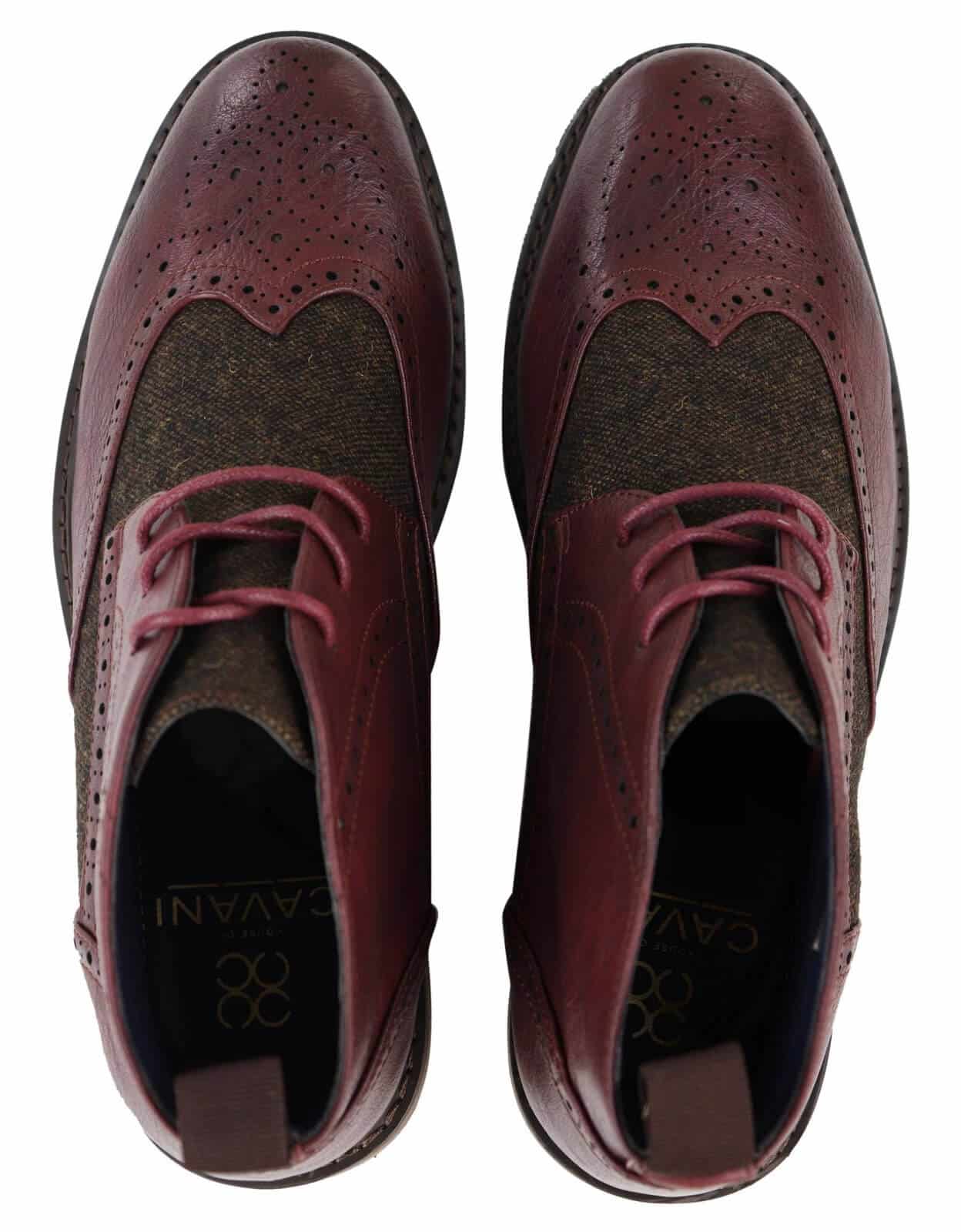 Botas de cano curto masculinas em couro e tweed com cadarço
