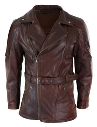 Jaqueta de couro masculina Timber Brown 3/4 para motociclista, com zíper cruzado, cinto e proteção CE.