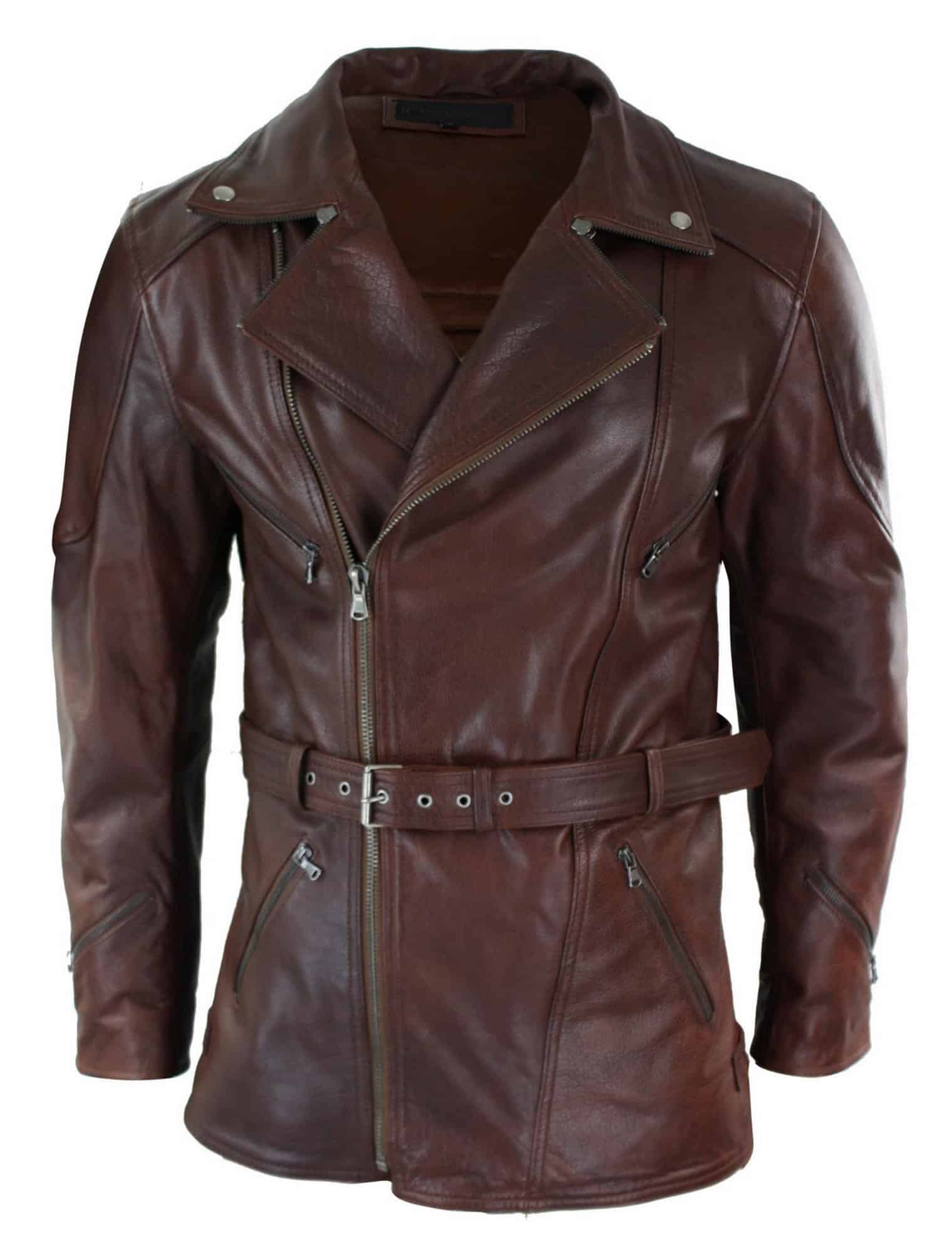 Jaqueta de couro masculina Timber Brown 3/4 para motociclista, com zíper cruzado, cinto e proteção CE.