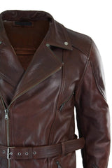 Jaqueta de couro masculina Timber Brown 3/4 para motociclista, com zíper cruzado, cinto e proteção CE.