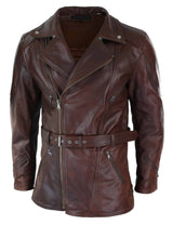 Jaqueta de couro masculina Timber Brown 3/4 para motociclista, com zíper cruzado, cinto e proteção CE.