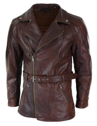 Jaqueta de couro masculina Timber Brown 3/4 para motociclista, com zíper cruzado, cinto e proteção CE.