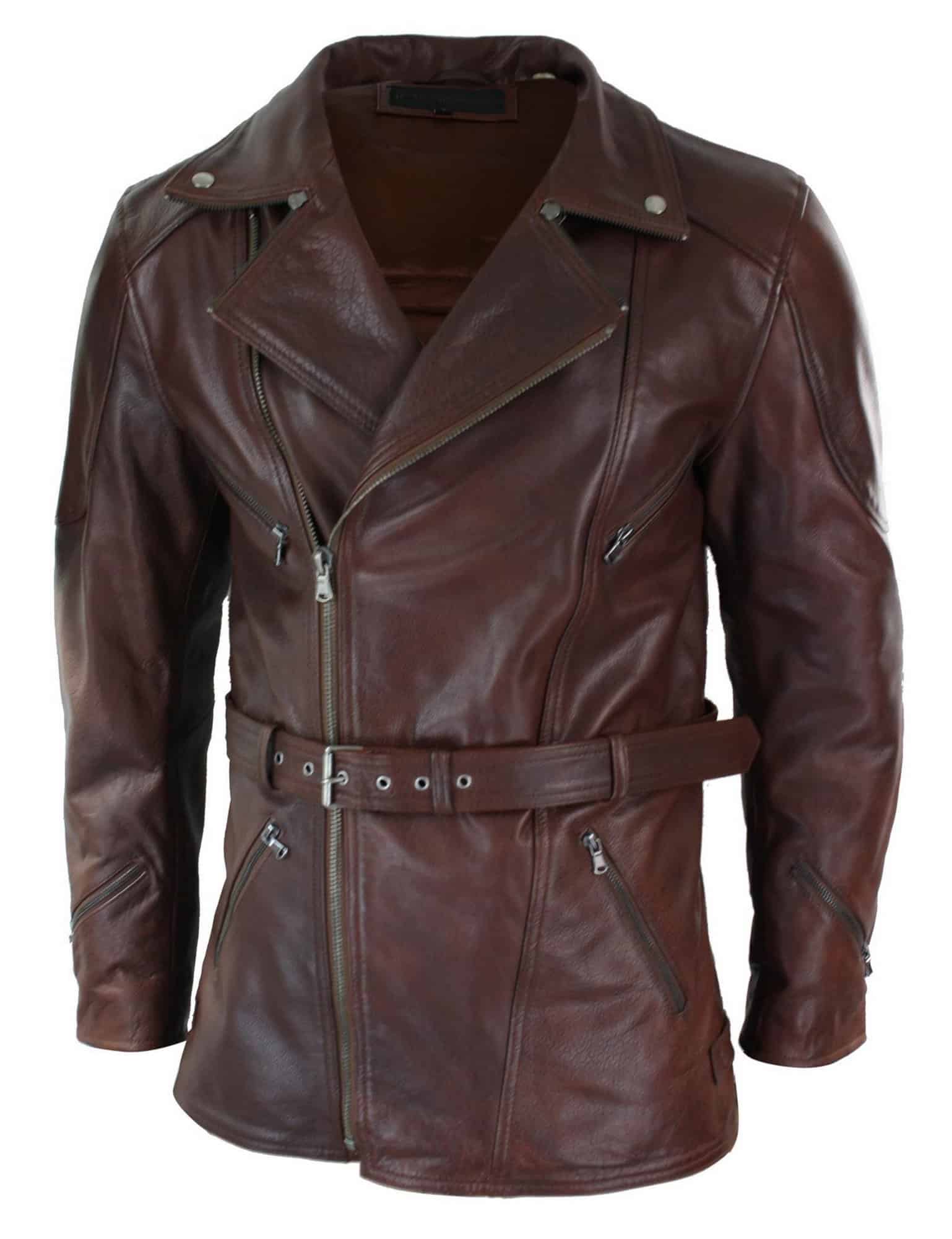 Jaqueta de couro masculina Timber Brown 3/4 para motociclista, com zíper cruzado, cinto e proteção CE.