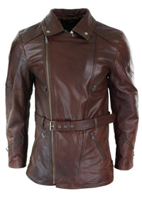 Jaqueta de couro masculina Timber Brown 3/4 para motociclista, com zíper cruzado, cinto e proteção CE.