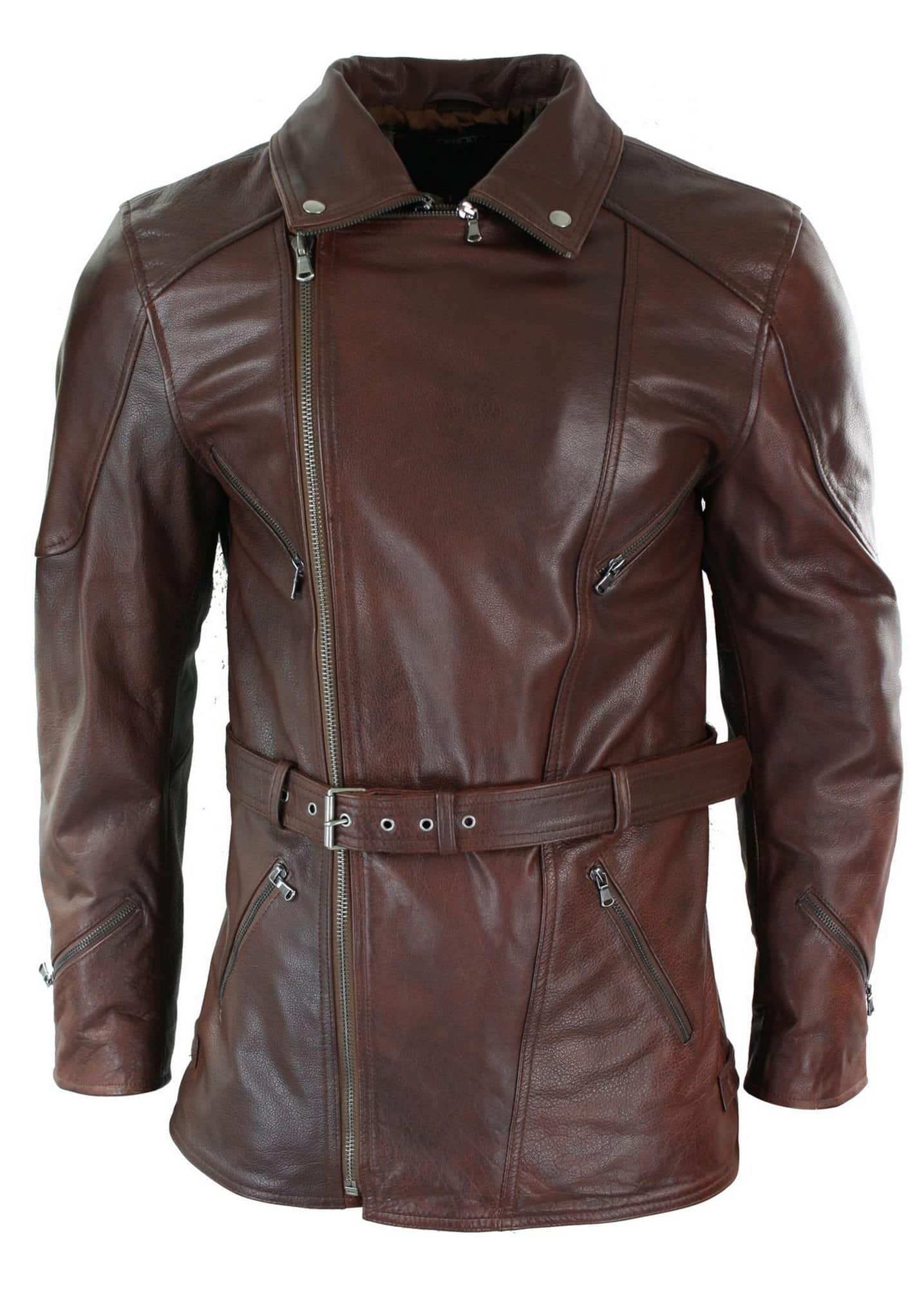 Jaqueta de couro masculina Timber Brown 3/4 para motociclista, com zíper cruzado, cinto e proteção CE.