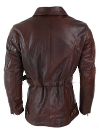 Jaqueta de couro masculina Timber Brown 3/4 para motociclista, com zíper cruzado, cinto e proteção CE.