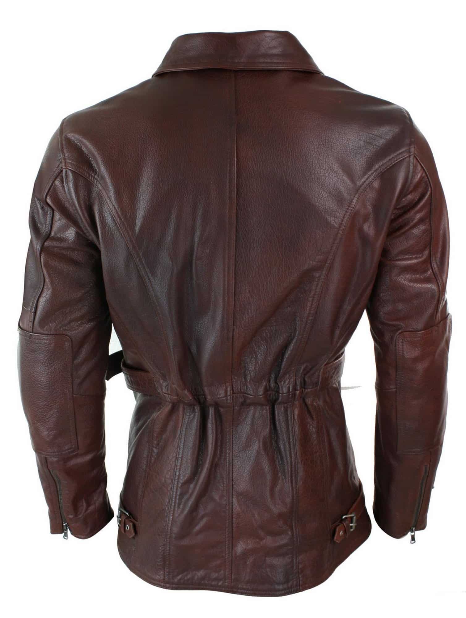 Jaqueta de couro masculina Timber Brown 3/4 para motociclista, com zíper cruzado, cinto e proteção CE.