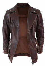 Jaqueta de couro masculina Timber Brown 3/4 para motociclista, com zíper cruzado, cinto e proteção CE.