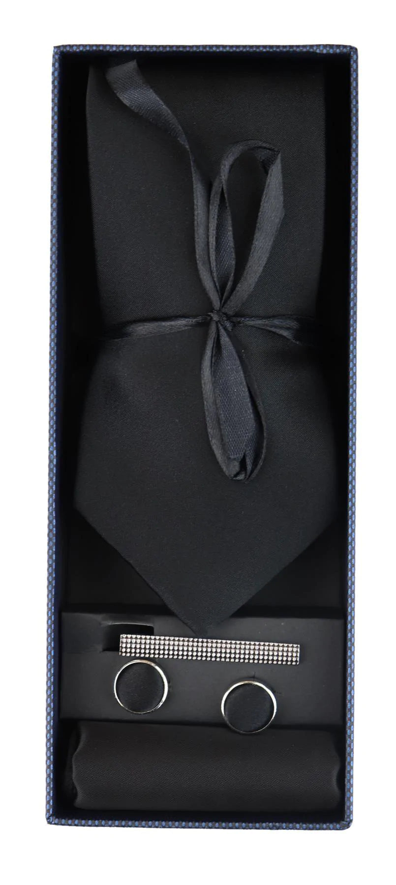 Conjunto de presente em cetim de seda preto com gravata, lenço de bolso, abotoaduras e cetim brilhante.