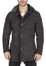 Casaco masculino de pele de carneiro genuína marrom vintage clássico 3/4 com botões e decote em V