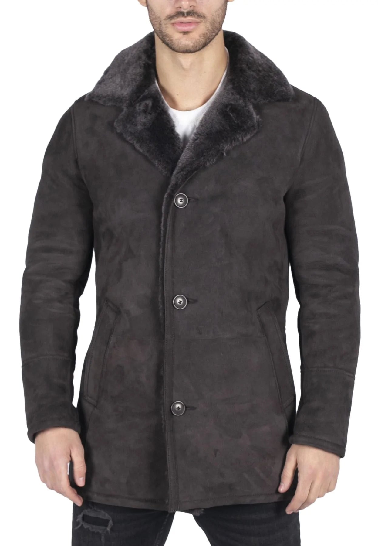 Casaco masculino de pele de carneiro genuína marrom vintage clássico 3/4 com botões e decote em V