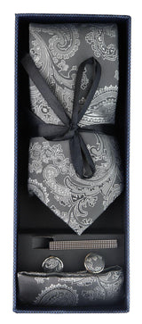 Conjunto de presente com gravata Paisley cinza, lenço de bolso, abotoaduras e gravata floral de cetim.