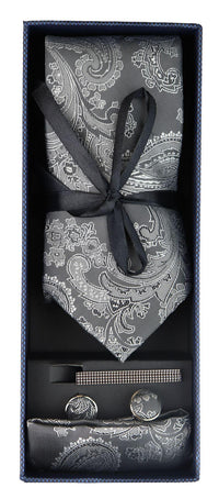 Conjunto de presente com gravata Paisley cinza, lenço de bolso, abotoaduras e gravata floral de cetim.