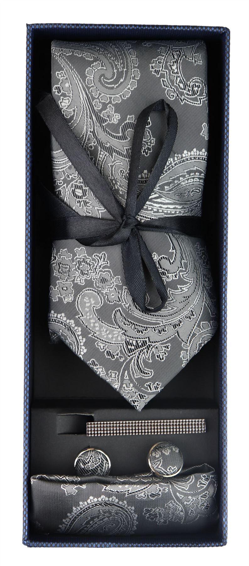 Conjunto de presente com gravata Paisley cinza, lenço de bolso, abotoaduras e gravata floral de cetim.