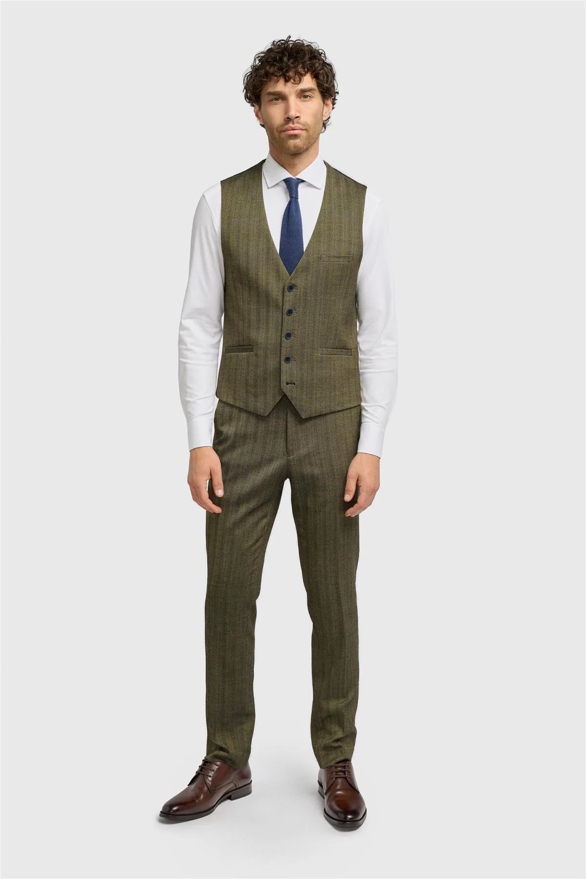 Damon - Colete masculino em tweed verde-oliva com padrão espinha de peixe
