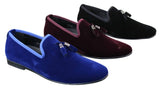 Elong dd0019 - Mocassins masculinos de veludo com detalhes em camurça e borla, estilo mocassim, elegantes e casuais, nas cores vinho e azul marinho.