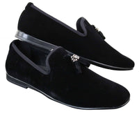 Elong dd0019 - Mocassins masculinos de veludo com detalhes em camurça e borla, estilo mocassim, elegantes e casuais, nas cores vinho e azul marinho.