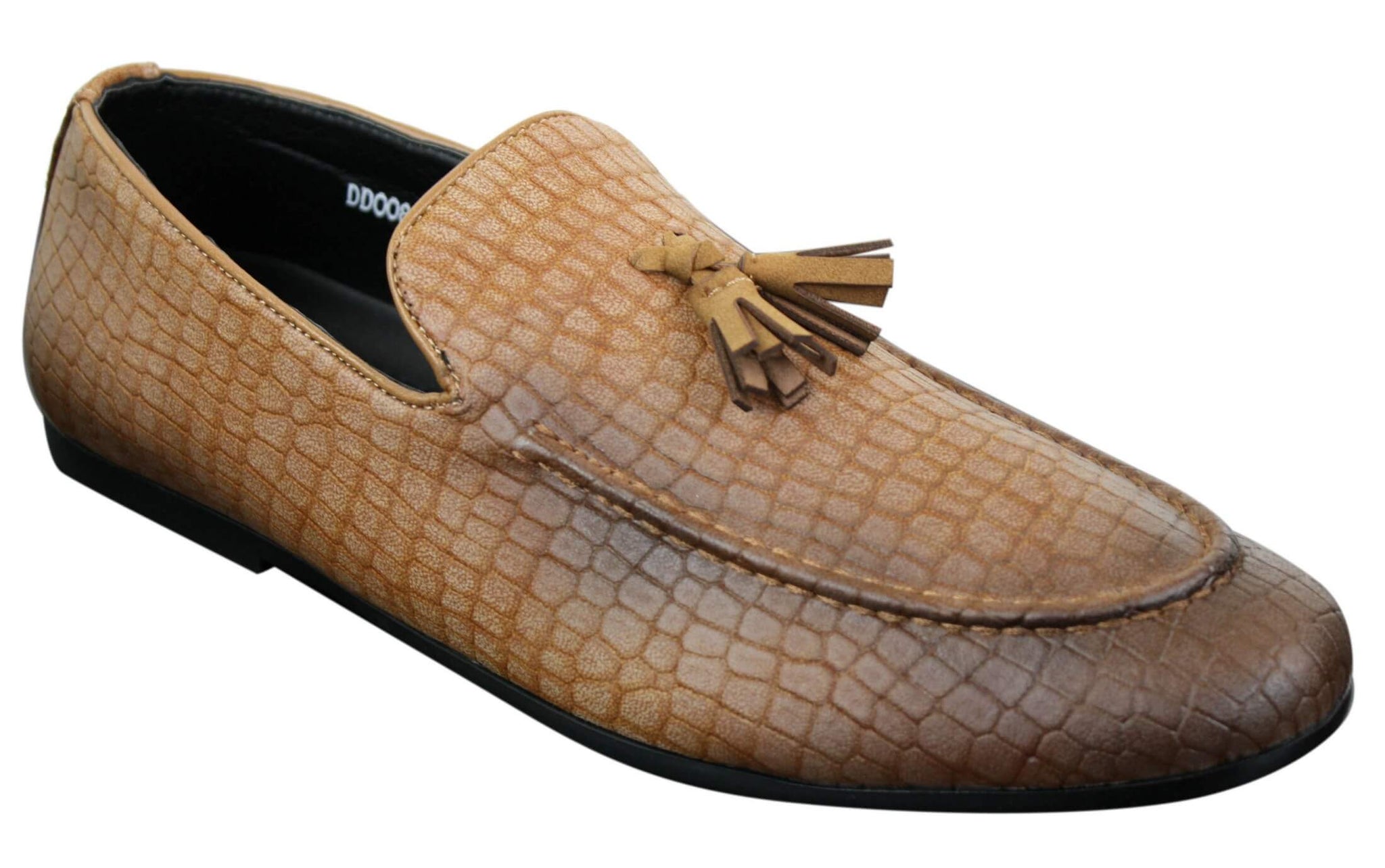 Elong DD0085 - Mocassins masculinos em couro PU imitando cobra e crocodilo, com detalhe de borla, confortáveis e com estilo vintage.