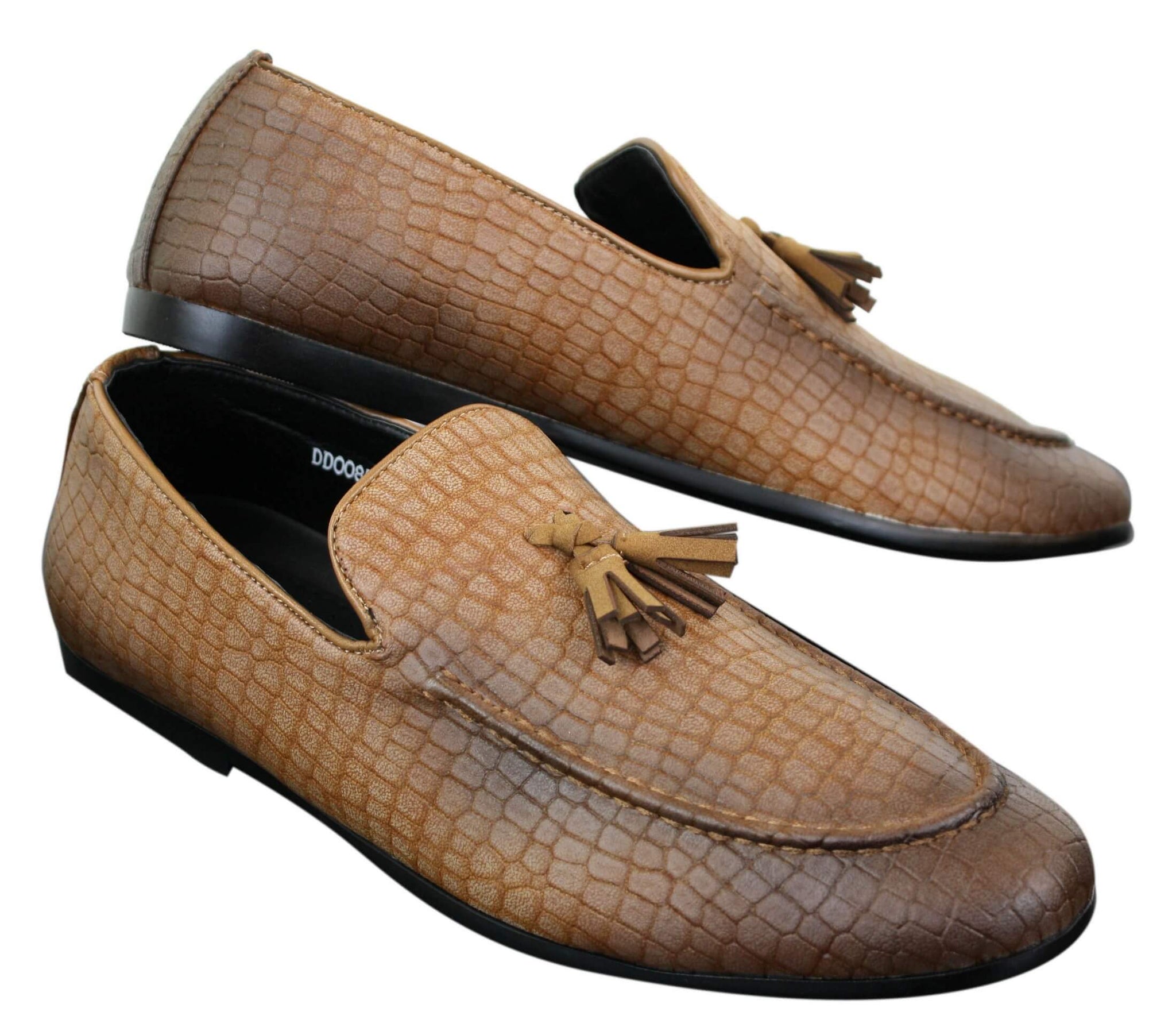 Elong DD0085 - Mocassins masculinos em couro PU imitando cobra e crocodilo, com detalhe de borla, confortáveis e com estilo vintage.