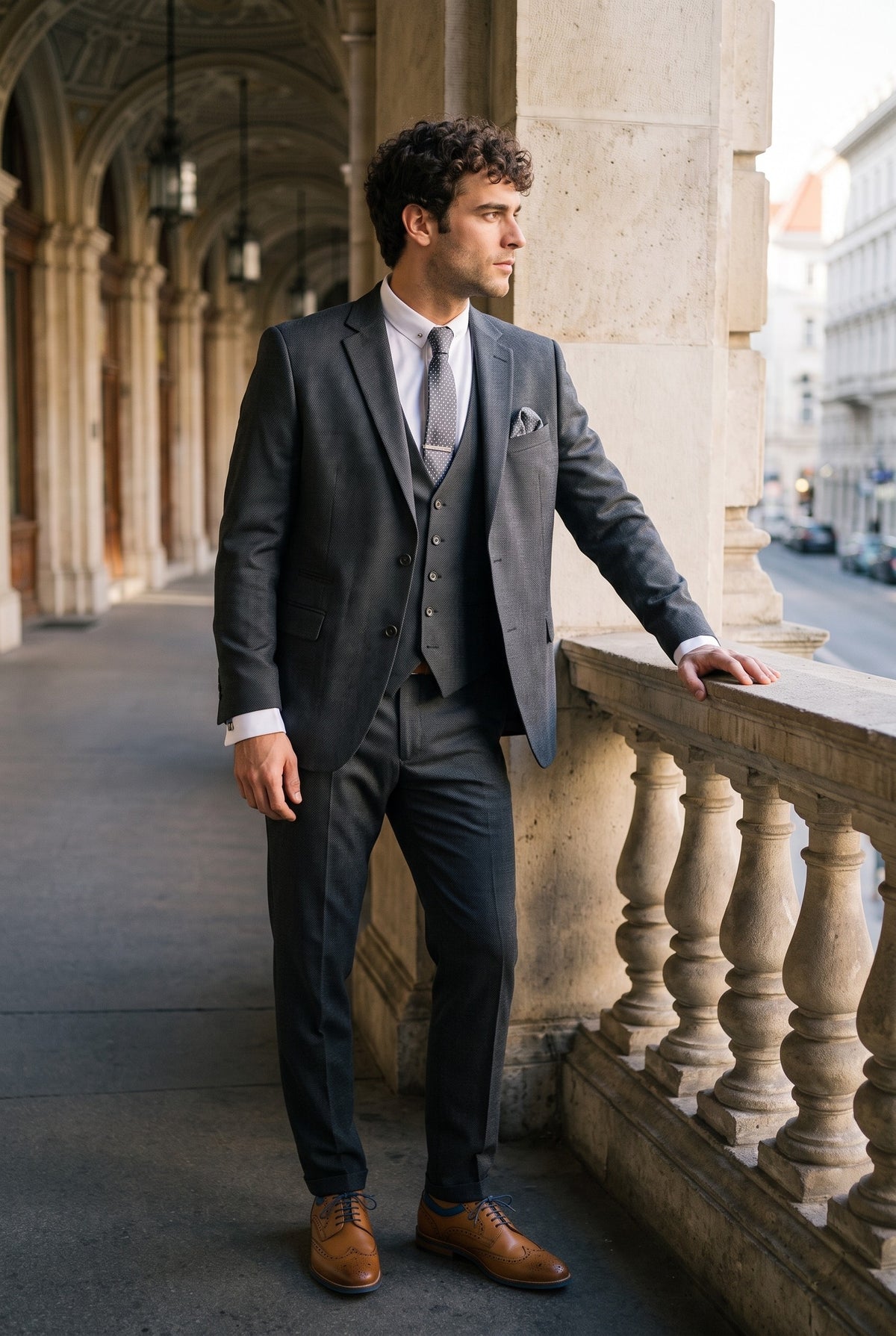 Look #272 styled with Terno masculino IM1 clássico de 3 peças, liso, na cor carvão, corte sob medida.
