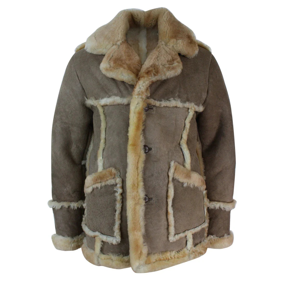 Jaqueta masculina original 3/4 de pele de carneiro bege, creme e marrom.