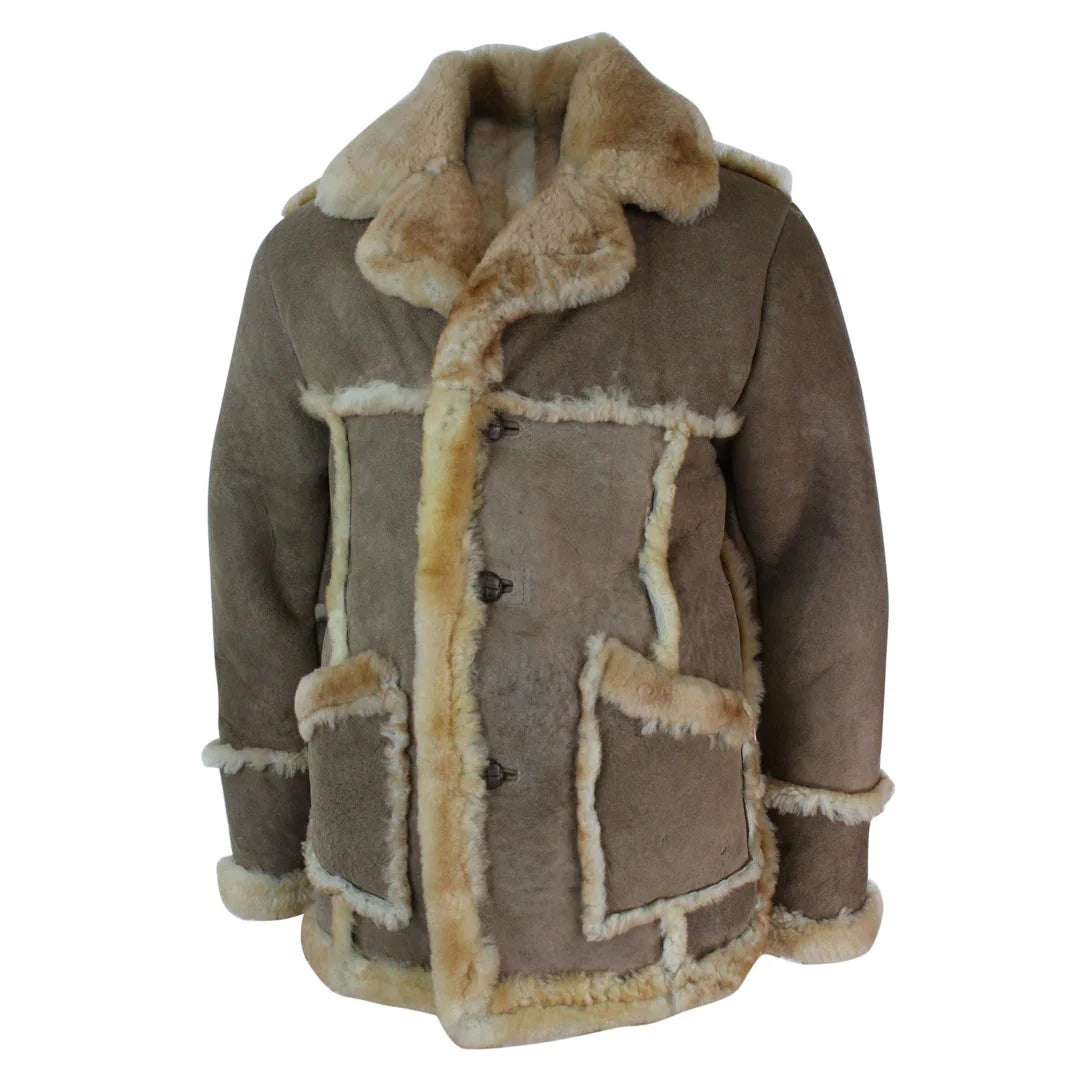 Jaqueta masculina original 3/4 de pele de carneiro bege, creme e marrom.