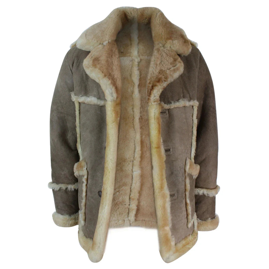 Jaqueta masculina original 3/4 de pele de carneiro bege, creme e marrom.