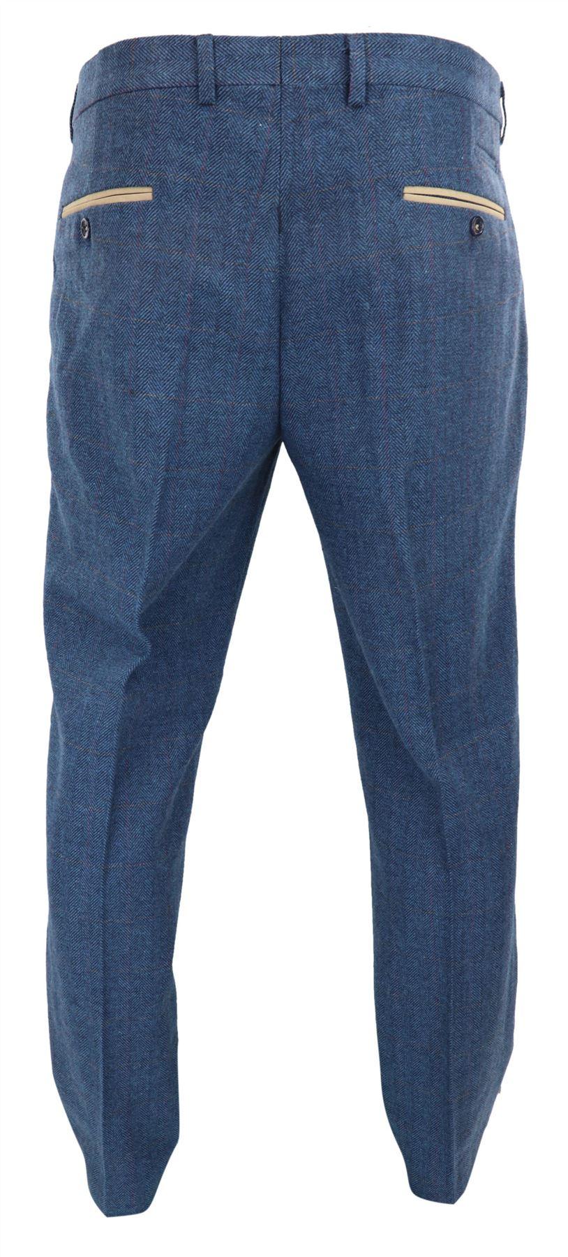Dion - Calças masculinas em tweed azul com padrão espinha de peixe