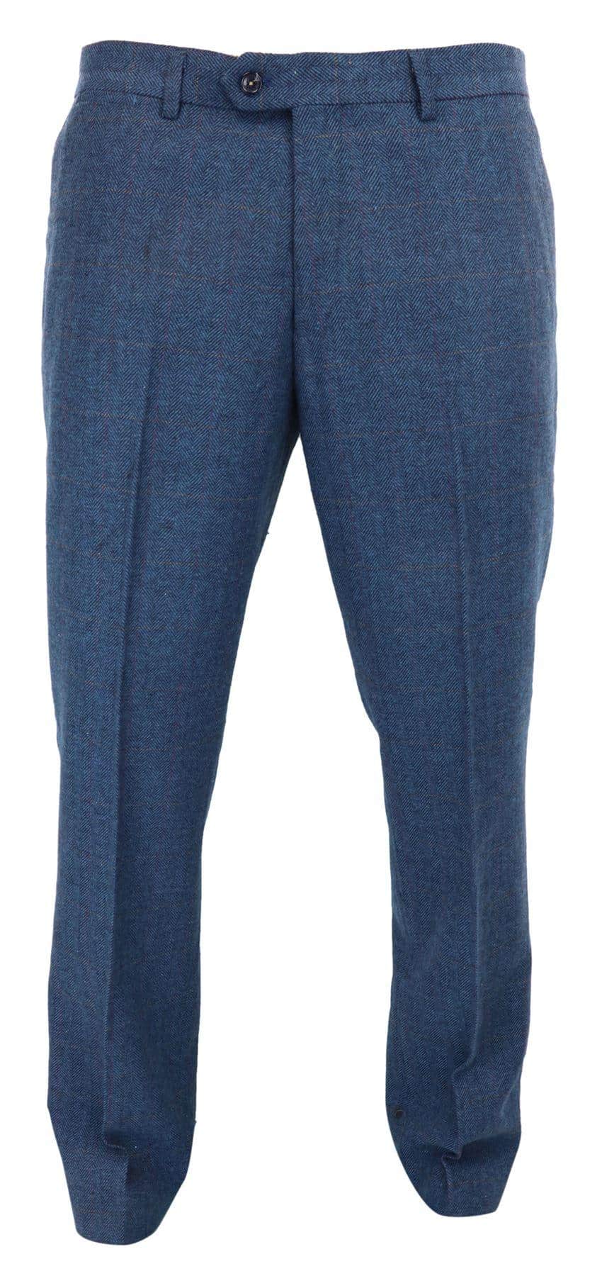 Dion - Calças masculinas em tweed azul com padrão espinha de peixe