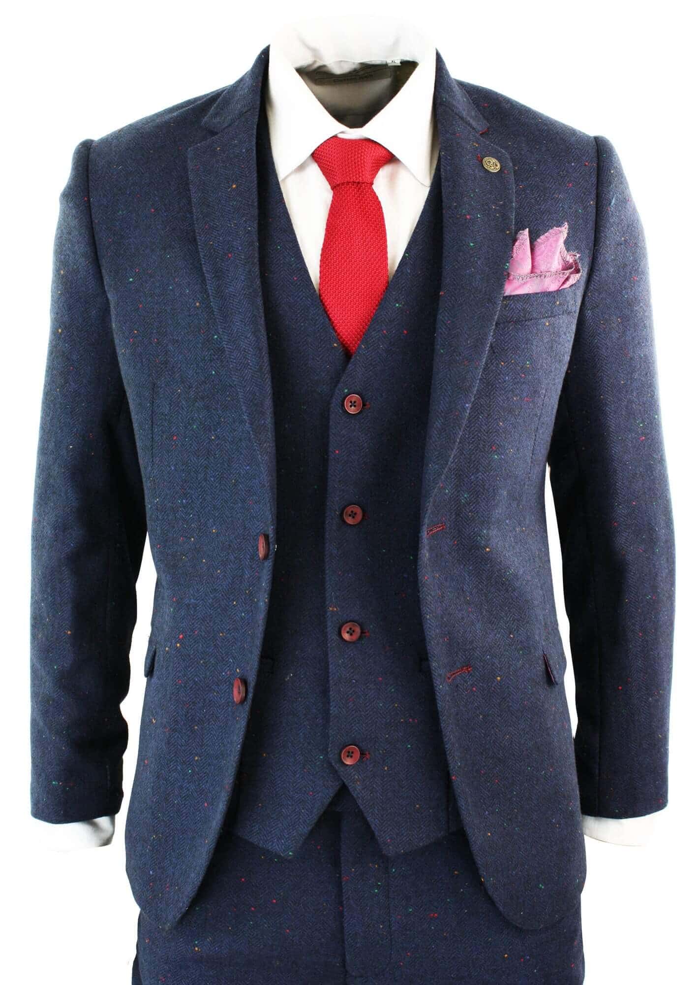Terno masculino de 3 peças azul-marinho slim fit com detalhes em vinho.