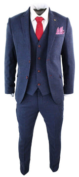 Terno masculino de 3 peças azul-marinho slim fit com detalhes em vinho.