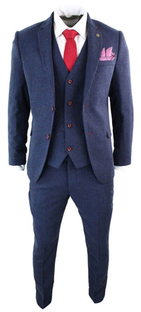 Terno masculino de 3 peças azul-marinho slim fit com detalhes em vinho.