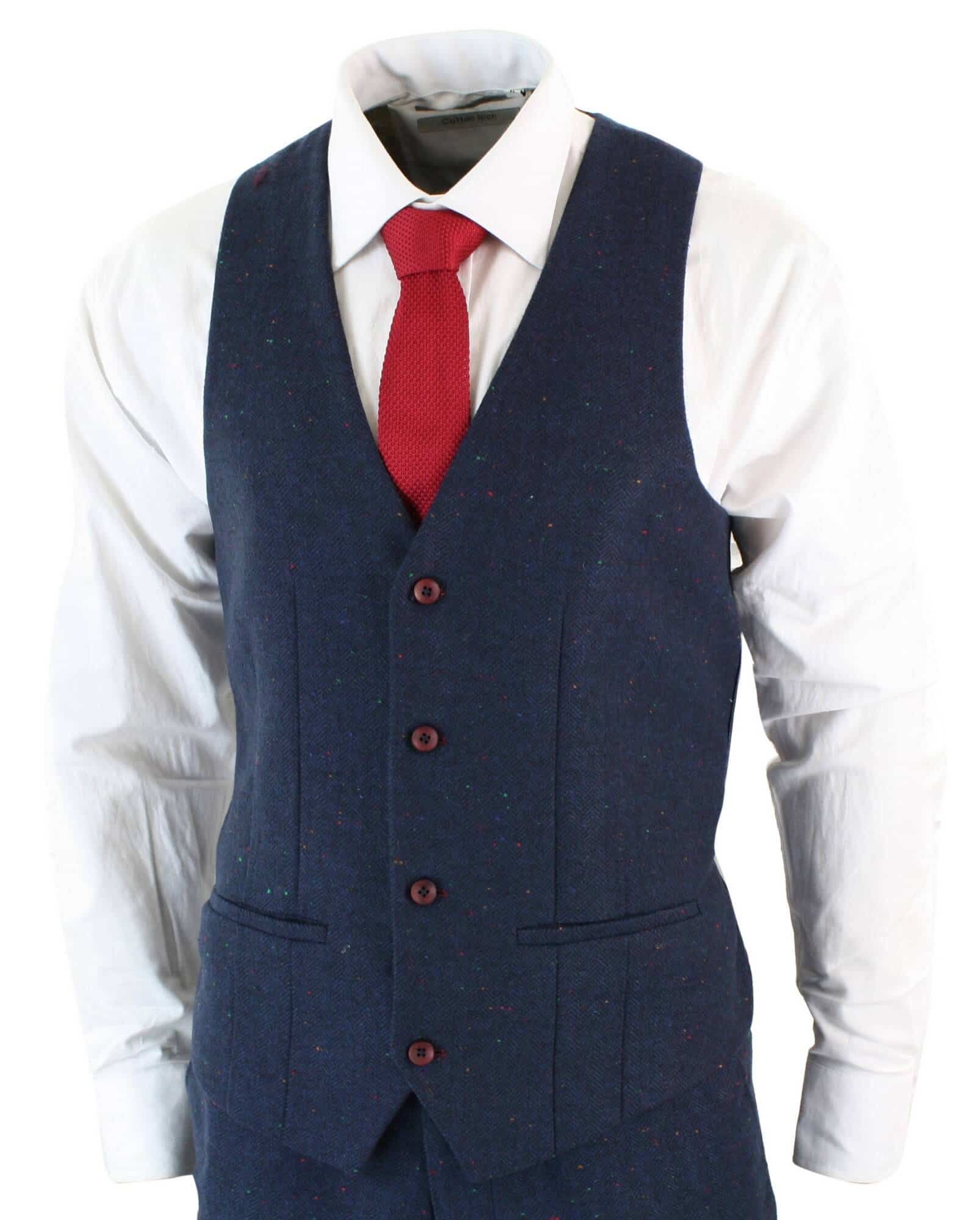 Terno masculino de 3 peças azul-marinho slim fit com detalhes em vinho.