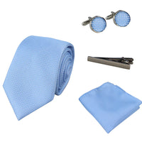 Conjunto de presente com gravata azul diamante, lenço de bolso, abotoaduras e alfinete para camisa, em cetim.
