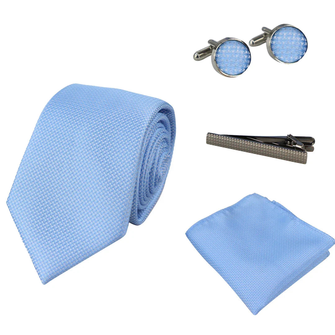 Conjunto de presente com gravata azul diamante, lenço de bolso, abotoaduras e alfinete para camisa, em cetim.