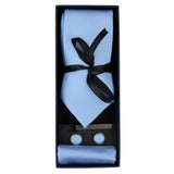 Conjunto de presente com gravata azul diamante, lenço de bolso, abotoaduras e alfinete para camisa, em cetim.