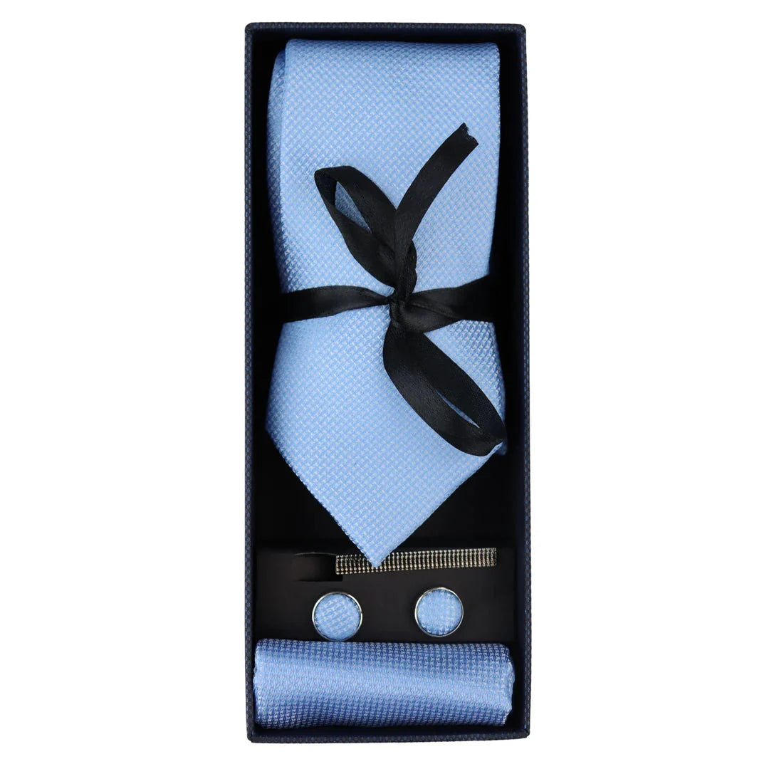Conjunto de presente com gravata azul diamante, lenço de bolso, abotoaduras e alfinete para camisa, em cetim.