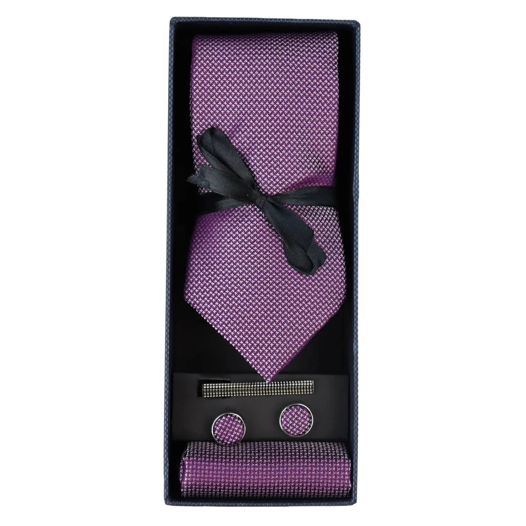 Conjunto de presente com gravata lilás Diamond Neck, lenço de bolso, abotoaduras e alfinete para camisa, em cetim.