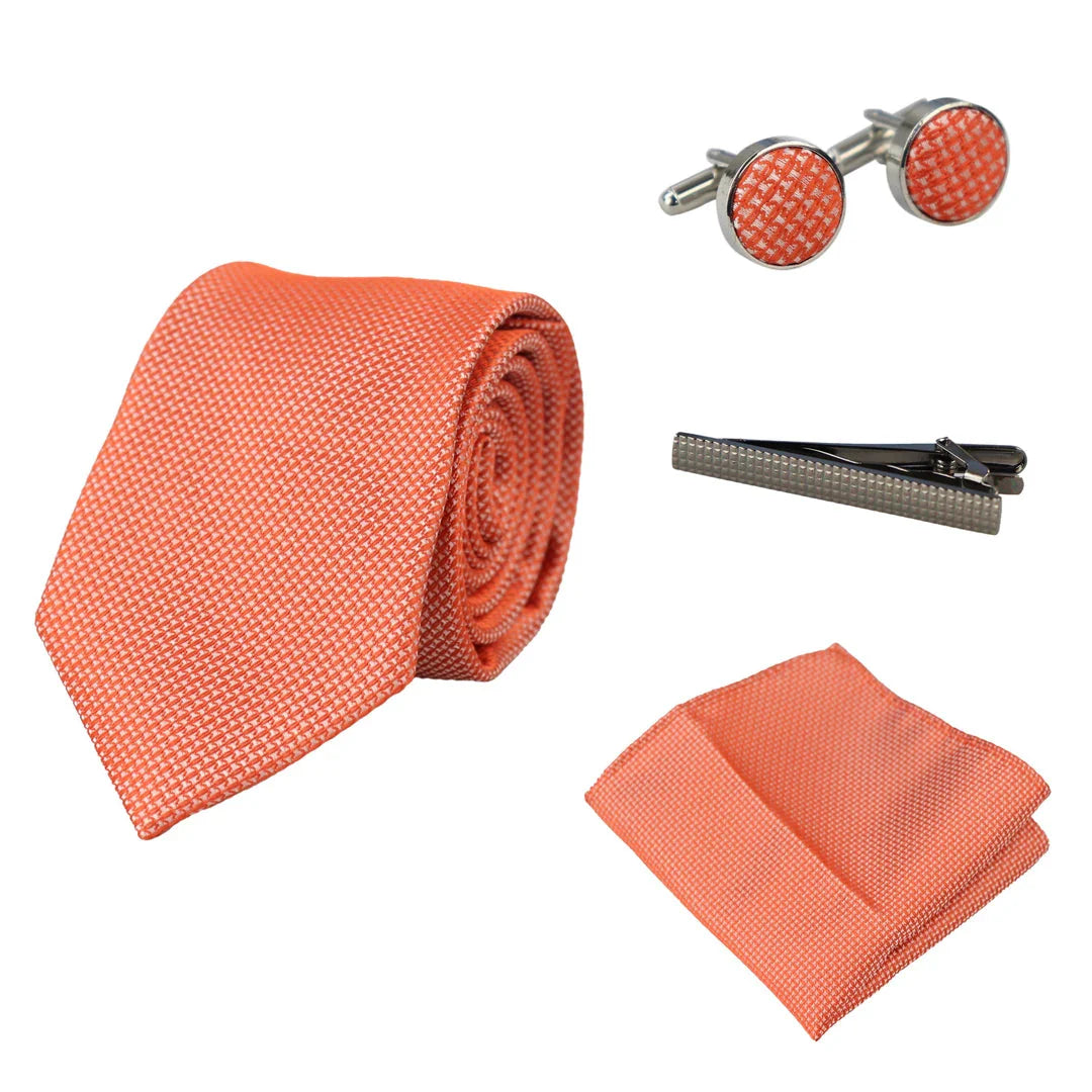 Conjunto de presente com gravata laranja com pingente de diamante, lenço de bolso, abotoaduras e alfinete para gravata de camisa em cetim.