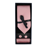 Conjunto de presente com gravata rosa com diamantes, lenço de bolso, abotoaduras e alfinete para gravata de camisa em cetim.