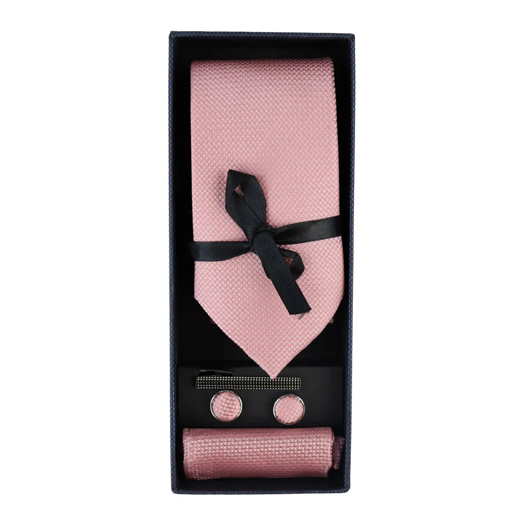 Conjunto de presente com gravata rosa com diamantes, lenço de bolso, abotoaduras e alfinete para gravata de camisa em cetim.
