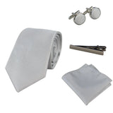 Conjunto de gravata prateada com diamantes, lenço de bolso, abotoaduras e alfinete para camisa, em cetim.