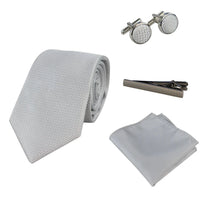 Conjunto de gravata prateada com diamantes, lenço de bolso, abotoaduras e alfinete para camisa, em cetim.