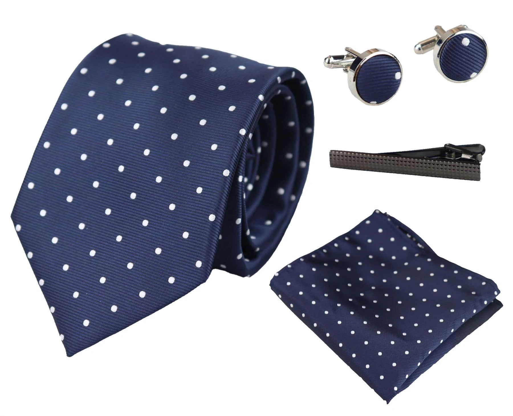 Conjunto de presente com gravata azul-marinho com bolinhas, lenço de bolso, abotoaduras e alfinete de gravata em cetim.